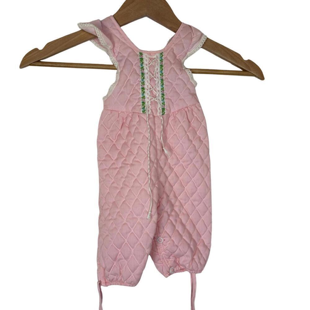 Vintage Quilted Romper Jumpsuit with Embroidered ruffle Straps Sz. 0-3 months